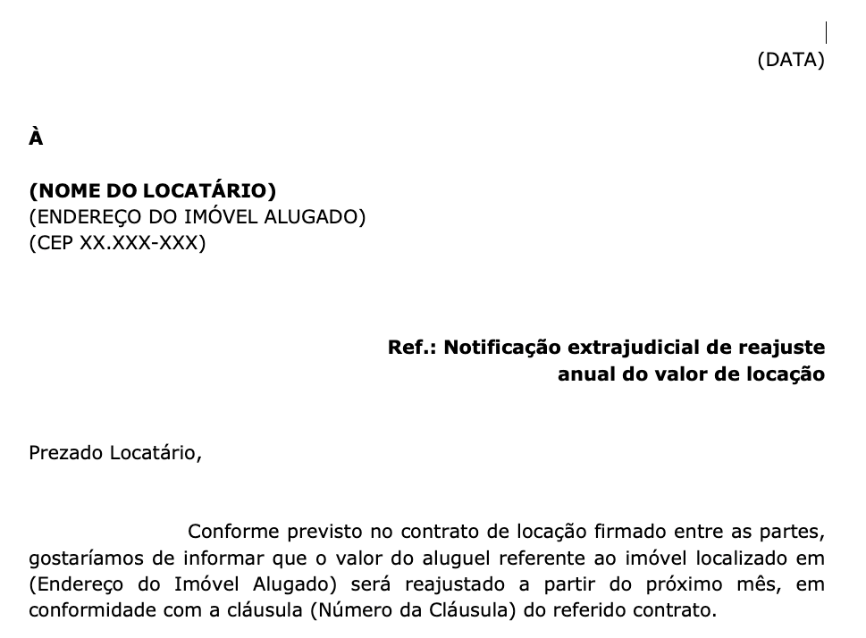 Notificação Extrajudicial de Reajuste de Aluguel