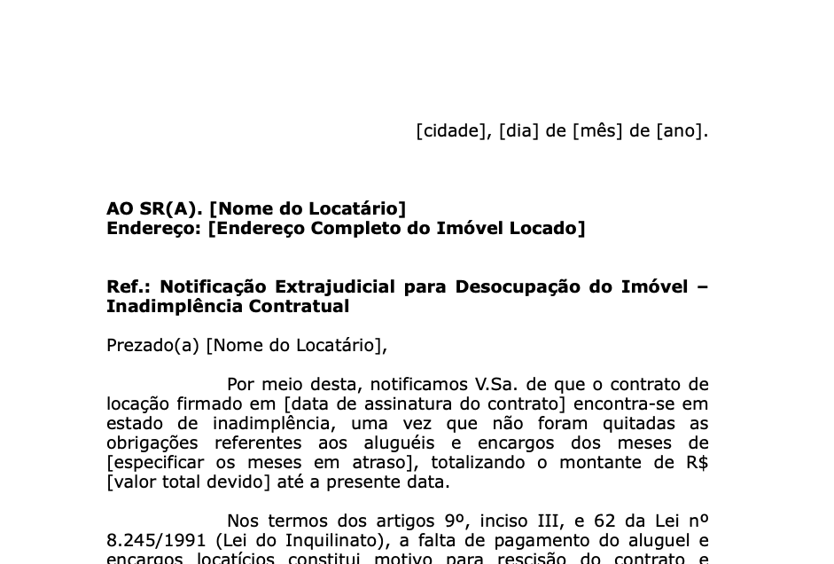 Notificação Extrajudicial de Desocupação - Falta de Pagamento