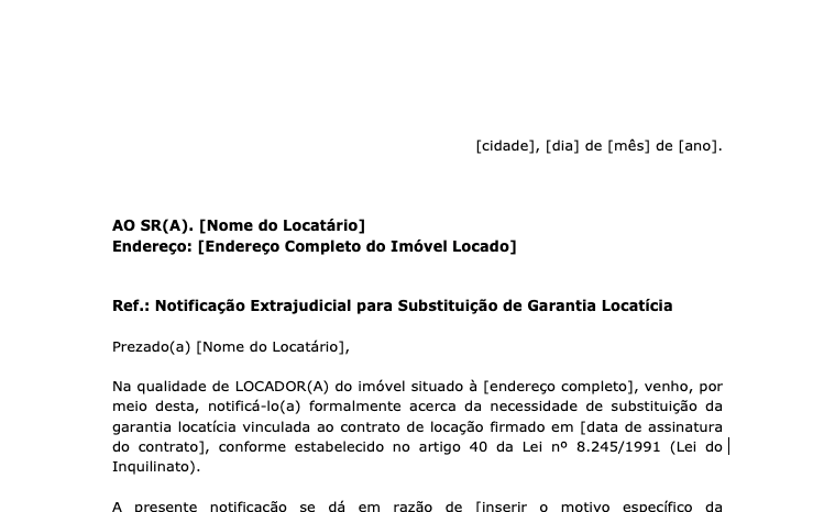 Notificação Extrajudicial para Substituição de Garantia Locatícia