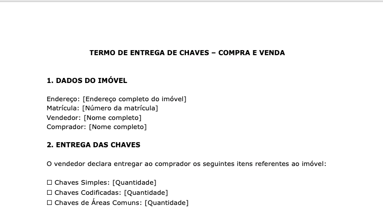 Termo de Entrega de Chaves – Compra e Venda